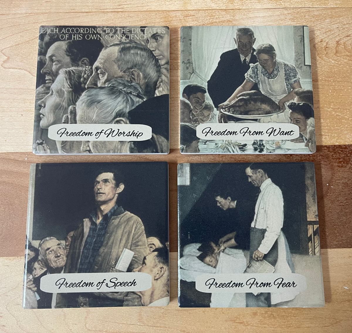 Ceramic Coaster Set: The Four Freedoms by Norman Rockwell